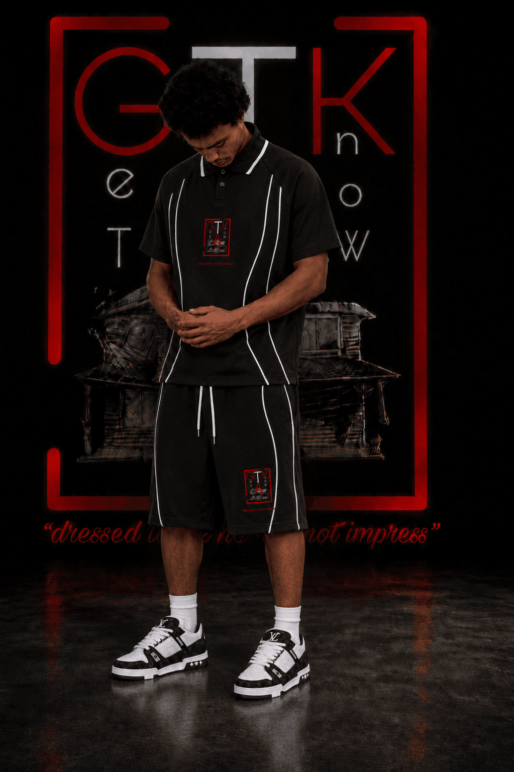 GTK campaign — model wearing the GTK piped polo and shorts set